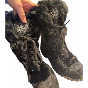 COACH Poppy Rabbit Fur Snow Boots $298 Sz 7.5 Black Insulated Winter
